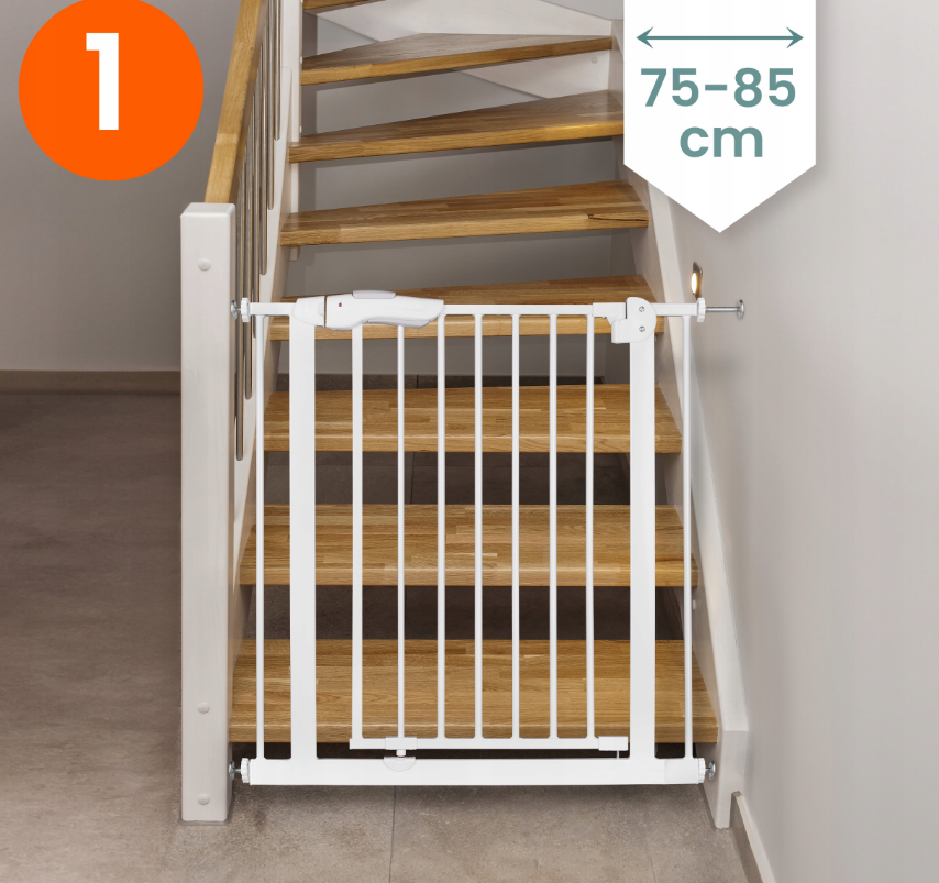 Bramka zabezpieczająca rozporowa  barierka na schody biała 75-105cm.png