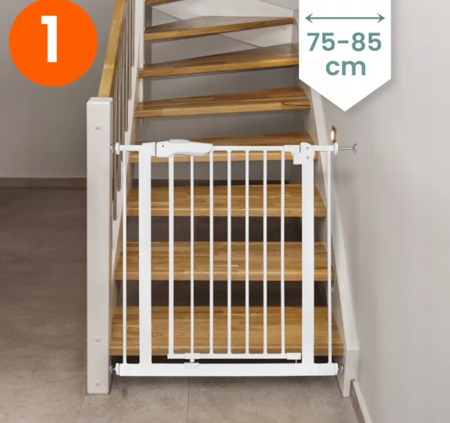 Bramka zabezpieczająca rozporowa  barierka na schody biała 75-105cm.png