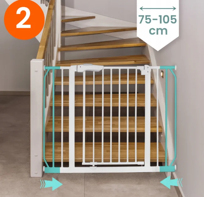 Bramka zabezpieczająca rozporowa barierka na schody  biała 75-105cm.png