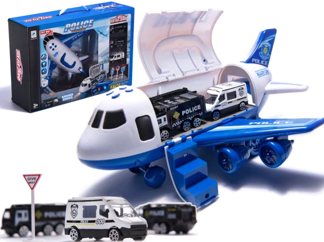 Samolot transporter z autami policja bok