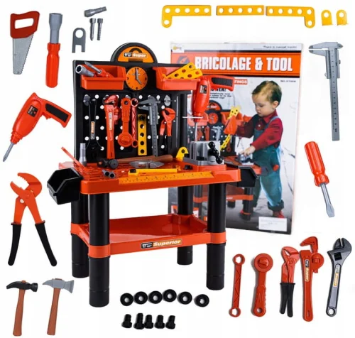 Warsztat zestaw małego majsterkowicza dla chłopca dzieci + piła + młotek + wiertarka + narzędzia 2 latka 3 latka 4 latka pomarańczowy LT39