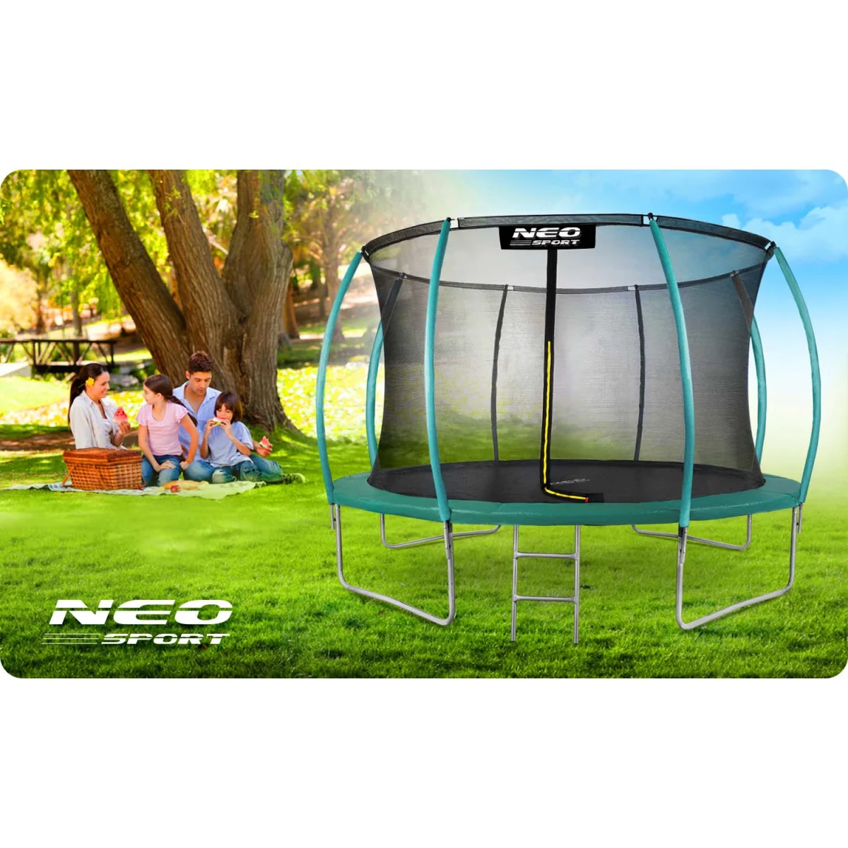 Trampolina ogrodowa 12ft/374cm z siatką, profilowanymi słupkami i drabinką Neo-Sport
