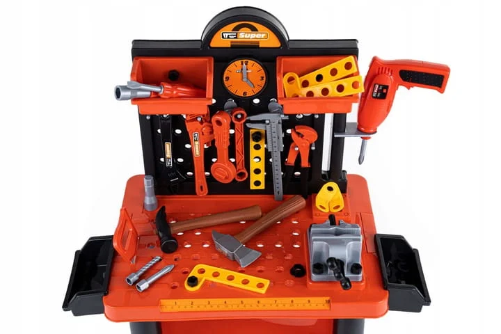 Warsztat zestaw małego majsterkowicza dla chłopca dzieci + piła + młotek + wiertarka + narzędzia 2 latka 3 latka 4 latka pomarańczowy  twojadzidzia 12.jpg