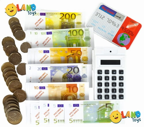 Zabawkowe pieniądze monety banknoty euro karta i kalkulator dla dzieci 2 latka 3 latka 4 latka