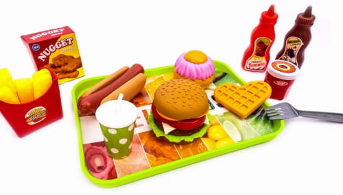 Zabawkowe jedzenie fast food hamburger hot dog frytki taca gofr