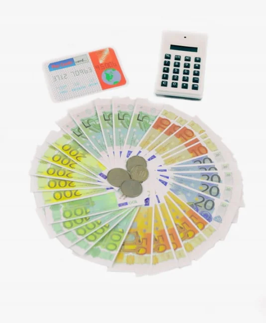 Zabawkowe pieniądze monety banknoty euro karta i kalkulator dla dzieci 2 latka 3 latka 4 latka
