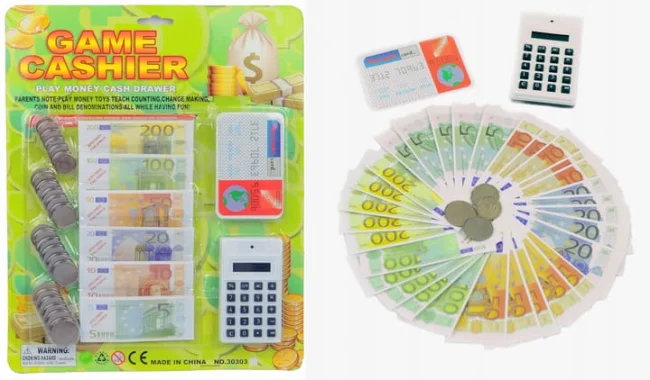 Zabawkowe pieniądze monety banknoty euro karta i kalkulator dla dzieci 2 latka 3 latka 4 latka