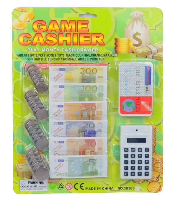 Zabawkowe pieniądze monety banknoty euro karta i kalkulator dla dzieci 2 latka 3 latka 4 latka