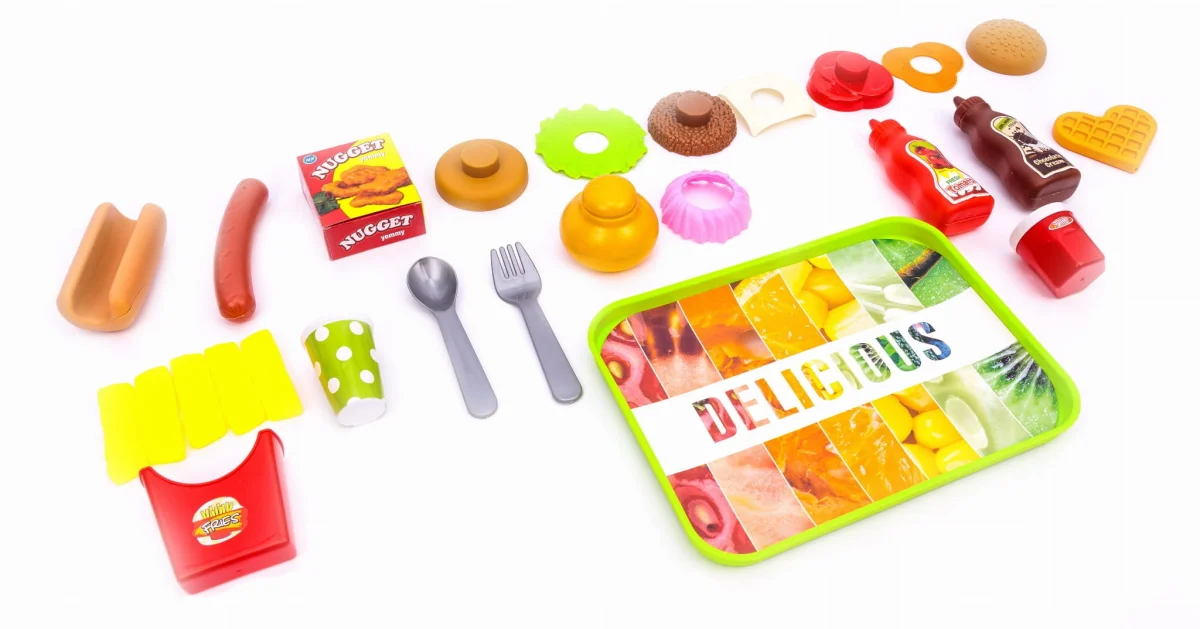 Zabawkowe jedzenie fast food hamburger hot dog frytki taca gofr