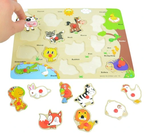 układanka puzzle drewniane zwierzątka pinezki