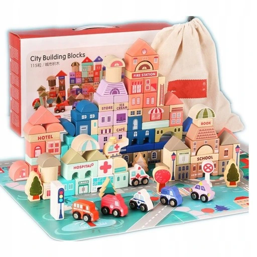 drewniane klocki miasto auta 115 klocków 152 elementy+puzzle