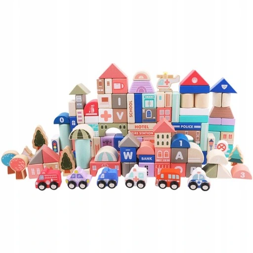drewniane klocki miasto auta 115 klocków 152 elementy+puzzle