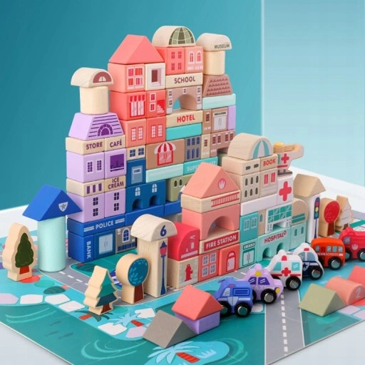 drewniane klocki miasto auta 115 klocków 152 elementy+puzzle