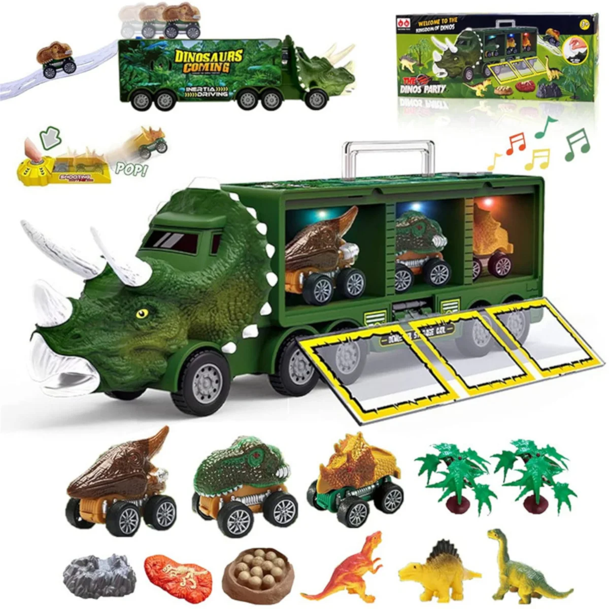 Ciężarówka tir laweta otwierana dla chłopca + 3 auta dinozaury