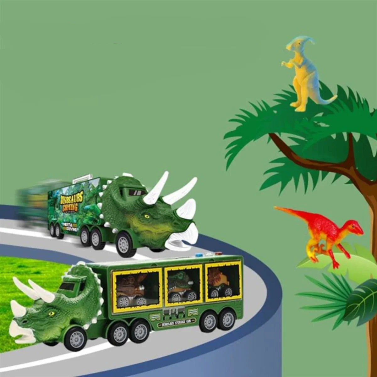 Ciężarówka tir laweta otwierana dla chłopca + 3 auta dinozaury